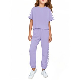 Haloumoning Kids 2 Piece Outfits Girls Summer Plaid Short Sleeve T-Shirts and Pants Set Fashion Clothing Sets