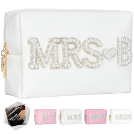 Silongder MRS Letter Cosmetic Bag, Bridal Shower Gifts White Bling Pearl Rhinestone Patch Makeup Bag Waterproof PU Travel Toiletry Bag Make Up Bag for Bachelorette Party Women Wedding Bridal(MRS-B)