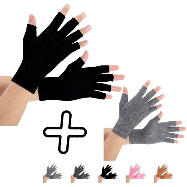 2 Pairs Arthritis Compression Gloves for Arthritis Pain Relief, Rheumatoid, Osteoarthritis and Carpal Tunnel for Men and Women, Fingerless for Typing (Small, Pureblack+Gray)