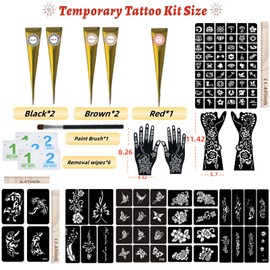 Temporary Tattoos Kit, Large 10 Sheets Temporary Tattoo Stencil Kit,95 Unique Tattoo Designs,5 Pcs 3 Color(black*2,brown*2 & Red*1) Ink with Paint Brush DIY Body Art Painting for Women Men Kids