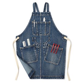 Jeanerlor Cotton Denim Cross Back Work Jean Apron with 5 Tool Pockets for Women Hairstylist Kitchen Cooking Baking Gardening Adjustable S-M (Denim Blue)