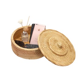 BTSKY Handmade Rattan Basket with Lid, Shelf Storage Baskets Seagrass Storage Bins Box Wicker Basket, Round Bread Basket for Serving, Natural Woven Storage Basket for Closet, Wardrobe, 26 x 11cm