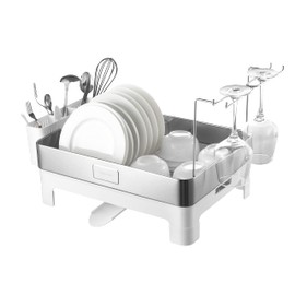 happimess DSH1003B Simple 20.5' Fingerprint-Proof Stainless Steel Dish Drying Rack, Dish Rack with Swivel Spout Tray and Wine Glass Holder, Utensil Holder, Stainless Steel/White, Silver/White