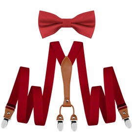 GUSLESON Suspenders & Bowtie Set Men's Elastic Band Suspenders + Bowtie + Shirts Holder for Wedding, Formal Events, Red, general
