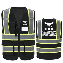 AYKRM FAA Licenced Drone Pilot Black safety Vest for Men Women 7 Pockets SMLL FAA Licenced Drone Pilot Black High Visibility Reflective Safety Vest Front Zipper