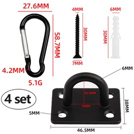 4 x mounting hooks, eye plate with eyelet, stainless steel eye plate with ring, 4 stainless steel carabiners, 16 screws and plastic plugs for wall mounting, ceiling mounting, wall hooks
