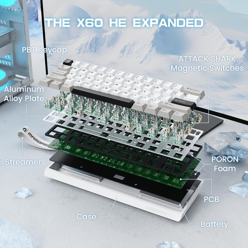 MAMBASNAKE X60 HE Magnetic Switch Keyboard Adjustable Actuation,BT/2.4G/Wired Tri-Mode 60%