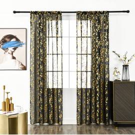 Sutuo Home Black Sheer Curtains 84 Inches Long 2 Panels Set, Luxury Gold Foil Printed Metallic Bronzing Vine Leaves, Privacy Window Treatment Decor Drape Pair for Bedroom Dinning Room, 52" W x 84" L
