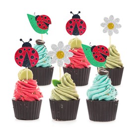 24 Pcs Ladybug Cupcake Toppers Pick Theme Party Cupcake Picks for Birthday Wedding Party Baby Shower Summer Garden Party Decoration Supplies