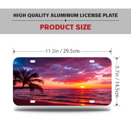 Sunset Tropical Beach with Palm Tree License Plate, Car Decor Front License Plates with 4 Holes, Metal Car Plate, Aluminum Noverlty License Plate for Men/Women Car, 6×12 Inch
