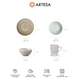 Artesa Pastel 4-Piece Color Full Mix Match 2 Dinnerware Set – Handmade Ecuadorian Ceramic, Pink, Mint & Brown, Includes Plates, Bowl & Mug, Microwave Safe
