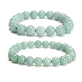 Land Long 2pcs/Set (8mm+10mm), Good Luck Bracelets for Women, Smooth Round Cloudy Emerald Green Dyed Jade Beads Stretch Bracelets with Relax Anxiety Stress