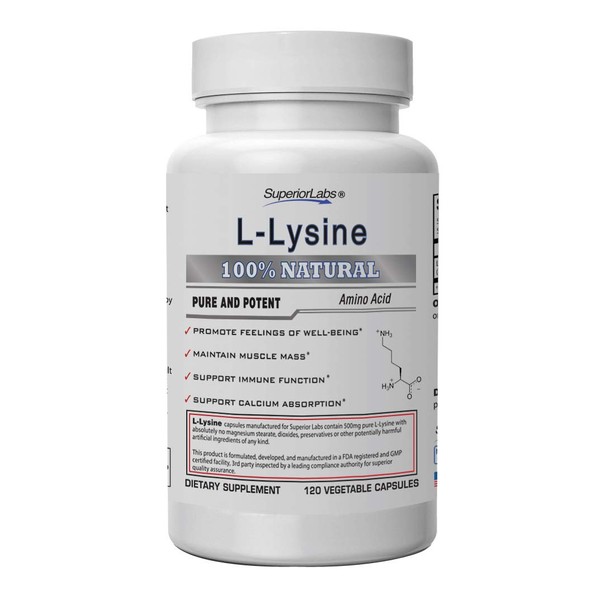 Superior Labs – Best L-Lysine NonGMO - Dietary Supplement –500 mg Pure Active L-Lysine – 120 Vegetable Capsules – Supports Calcium Absorption – Immune System & Respiratory Health Support