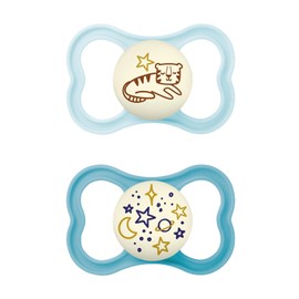 MAM Supreme Night Soothers Set of 2, Luminous Baby Dummy for Healthy Teeth and Jaw Development, Prevents Skin Irritation, with Dummy Box, 6-16 Months, Tiger/Universe