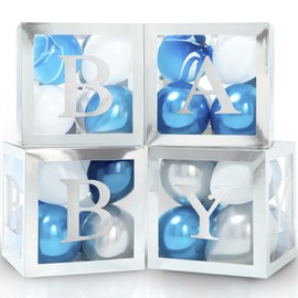 Baby Boxes with Letters for Baby Shower - Baby Shower Decorations of 44 pcs, 32 Silver Blue Balloons, 4 Silver Blocks, 8 Letters, Perfect Party Decor