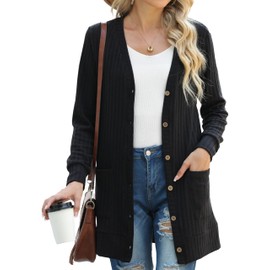 GRECERELLE Women's Lightweight Cardigan Long with Pockets and Buttons Long Elegant Cardigan V-Neck Button Placket with Pockets for Women, 01 Black Black