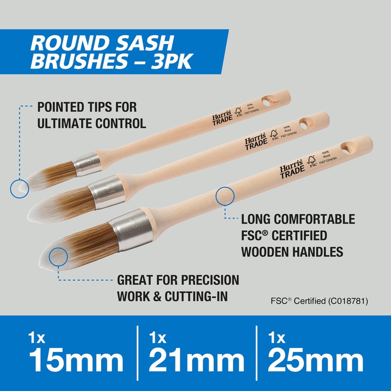 Harris Trade Round Sash Brushes 3 Pack, Brown