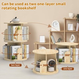 Kids Rotating Bookshelf, 2 Tier Rotating Small Corner Bookshelf for Small Spaces, Two Pieces of 1 Tier 360 Desktop Bookcase Storage Rack, Wood Narrow Book Shelf Organizer for Bedroom, Living Room