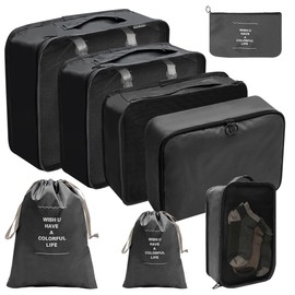 Suitcase Organiser Set, 8 Pieces Packing Cubes, Packing Cube Set for Holiday and Travel Accessories, Organiser System for Suitcases, Organiser Bag for Clothes, Shoes, Cosmetics (Black)