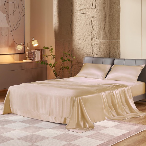 HENGWEI Satin Sheet Set King Size,4 Piece Sheet Set Breathable