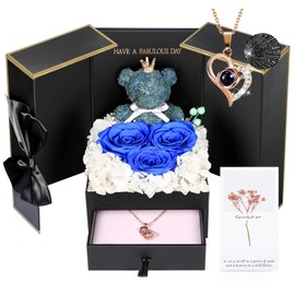 ADDWel Rose Gifts for Women - Preserved Real Roses Forever Blue Flowers with I Love You in 100 Languages Necklace and Cute Moss Bear for Girlfriend Wife Mom Grandma on Birthdays, Anniversaries