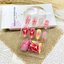 LWTZLW 3D French Tip Press on Nails Pink Yellow Medium Almond Fake Nails 3D Flower Full Cover Glue ons Nails Floral Oval Heart Acrylic False Nail Colorful Glossy Artificial Nails Reusable for Women