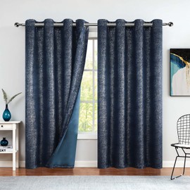 Bujasso Navy Blue Metallic Blackout Window Curtains 63 inch Silver Sparkle Room Darkening Curtains 85% Blackout Chic Luxury Navy Drapes for Living Room Thermal Insulated Grommet Top 2 Panels W52 xL63