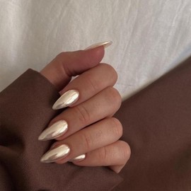Mirror Metal Pale Gold Press on Nails Almond Shape Chrome Glazed Medium Almond Nails Press on Bling Shiny Plating Nails Acrylic Nails Reusable Fake Nails for Women Stiletto Glue on Nails Medium Length