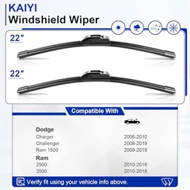 KAIYI - Limpiaparabrisas de 22 pulgadas + 22 pulgadas compatibles con Dodge Charger 2006-2010, Challenger 2008-2019, Ram 1500/2500/3500 2010 Premium - Limpiaparabrisas de repuesto para automóviles, 2