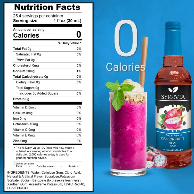 Syruvia Sugar Free Dragon Fruit Acai Syrup 25.4 fl oz,