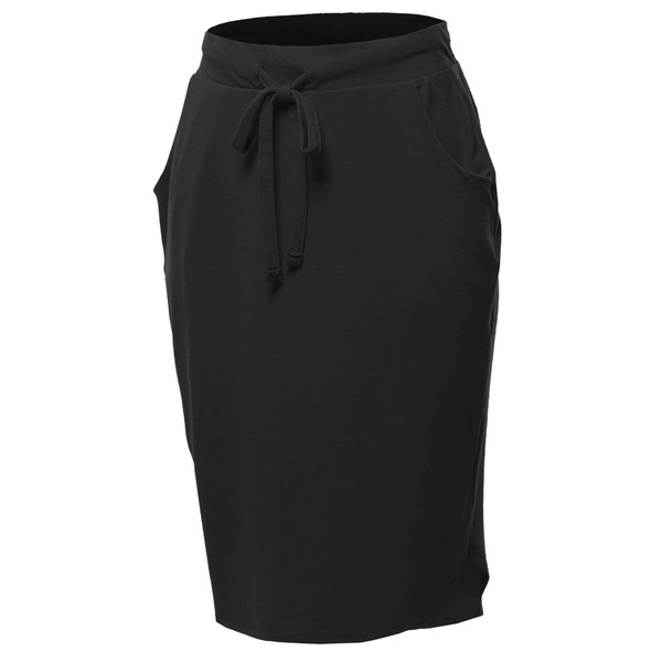 Elastic Waist Self Tie Tulip Hem Side Pocket Skirt Black
