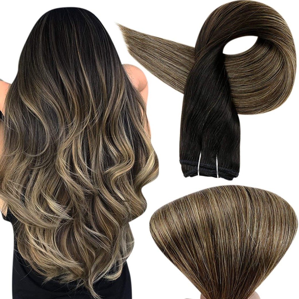 Full Shine 20 Inch Human Hair Weft Balayage Hair Bundles Real Human Hair Sew in Extensions Color 1B Off Black Fading to 6 Chestnut Brown and 27 Honey Blonde Weft Hair Extensions 100 Grams