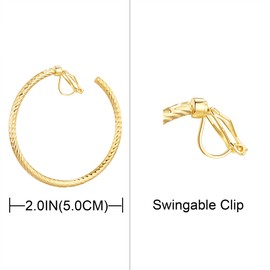 QUKE 5CM Gold Swingable Clip On Hoop Earrings for Women Girls Threaded Shaped Non Pierced Ears Hoop Earrings