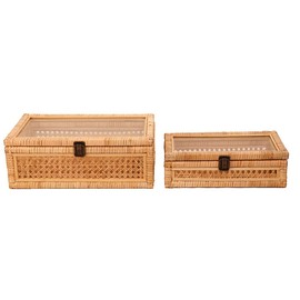 UoeRing Rattan Decorative Box With Lid, Glass Display, Rectangular, Set of 2 Woven Decorative Boxes,Large Wicker for Decor