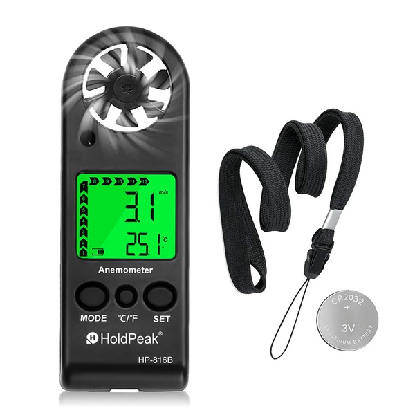 HOLDPEAK Handheld Anemometer Mini, Small Wind Speed Meter Gauge Air Flow Velocity Temperature Measuring Device for Outdoor Sailing Surfing Drone Flying Golf Shooting HVAC 816B