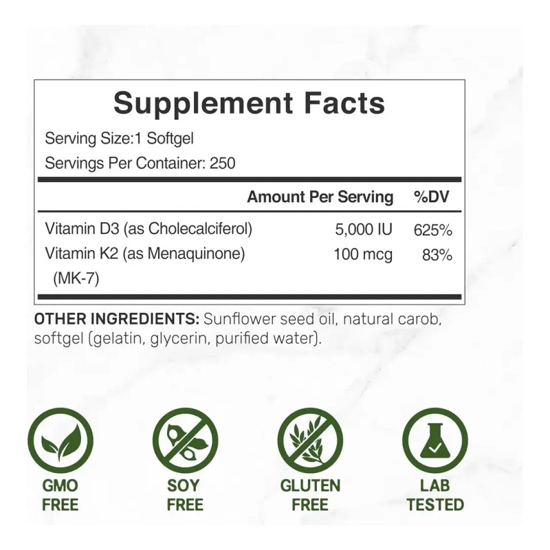 Vitamina D3 5000 Iu + K2 100 Mcg 250 Cápsulas