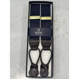 BROOKS BROTHERS Factory NEW Navy Blue Brown Leather Suspenders Braces Gold Tone