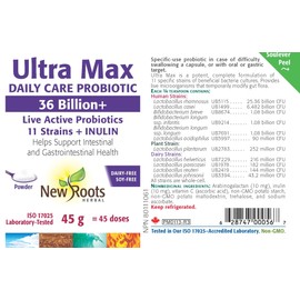 New Roots Herbal Ultra Max Daily Care Probiotic Powder 45g 45-Servings - 36 Billion+ Active Cultures & 11 Beneficial Strains with Inulin, Digestive Support Supplement for Men & Women, Non-GMO Formula