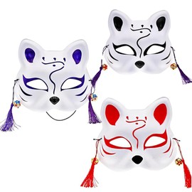 QIKEJI Fox Mask, Fox Mask, Set of 3, Includes Bells, Costume, Hand-Painted Mask, Halloween Mask, Fox, Cosplay, Halloween, Fox Mask, Accessories, Halloween, Fox Mask, Japanese Style