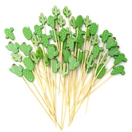 Honbay 100PCS Tropical Cactus Cocktail Picks Sticks, Party Decoration Toothpicks, Hawaiian Luau Bamboo Sticks, Fruit Appetizer Food Drinks Picks Sticks