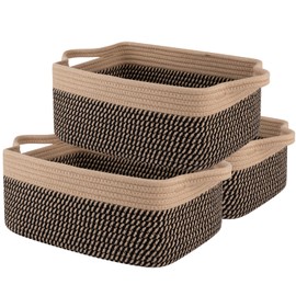 OIAHOMY 3 Pack Storage Baskets for Organizing, Woven Cotton Rope Basket for Shelves, Closet Organizer Bins with Handles, Rectangle Toy Organization, 13.78''×9.84''×5.5'', Brown & Black
