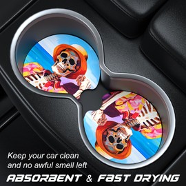 Aiawoxc Car Cup Holder Coasters, 2 Pack Universal Auto Anti Slip Insert Coaster with A Finger Notch, Cute Car Assecories for Women Men, Cup Mat for Most Interior, Beach Skull