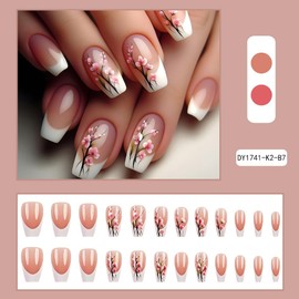 French Tip Press On Nails Fake Nails Medium Coffin with Nude White Flowers Designs Glossy Acrylic False Nails Glue on Nails Full Cover Thick Stick on Nails for Women Girls 24Pcs DY1741-K2-B7