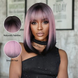 Allbell Black Pink Ombre Bob Wigs for Women Short Straight Wigs with Bangs Cosplay Party Natural Looking Hair Replacement
