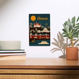 Lantern Press 6x9 Inch Wood Sign, Ready to Hang Wall Decor, Victoria, British Columbia, Retro Skyline