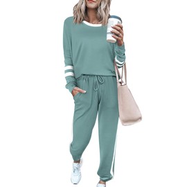 PRETTYGARDEN Women's 2025 Fall Two Piece Outfit Long Sleeve Crewneck Pullover Tops And Long Pants Tracksuit, Striped Fruit Green, Small