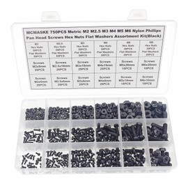 MCMASKE 750PCS Metric M2 M2.5 M3 M4 M5 M6 Nylon Phillips Pan Head Screws Hex Nuts Flat Washers Assortment Kit(Black)