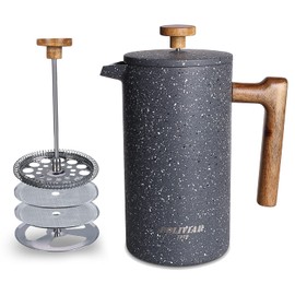 POLIVIAR French Press Coffee Maker, 34 Ounce Coffee Press with Real Wood Handle, Double Wall Insulation & Dual-Filter Screen, Food Grade Stainless Steel for Good Coffee and Tea (Lava)