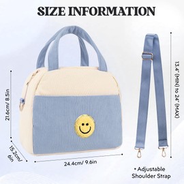 Kids Lunch Bag Lunch Box for Teen Girls Boys Back to School, Cute Preppy Lunchbox With Adjustable Shoulder Strap, Insulated Corduroy Lunch-Boxes Lunch-Bags for Women Work Picnic (Blue)