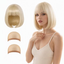 Blonde Bob Wig For Women, Short Fringe Style With 2 Wig Caps